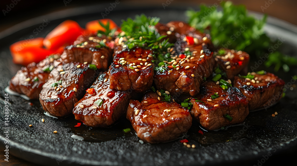 Beef Bulgogi presented on a black textured surface with elegant side garnishing