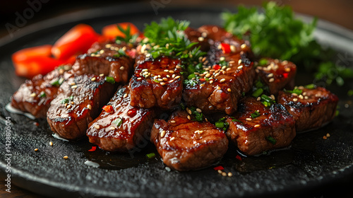 Obraz na płótnie Beef Bulgogi presented on a black textured surface with elegant side garnishing w salonie