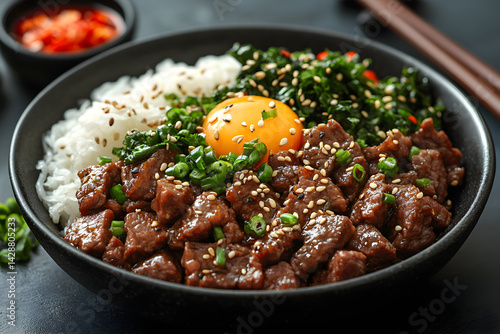 Obraz na płótnie Beef Bulgogi styled on dark grey background with clean plating and props w salonie