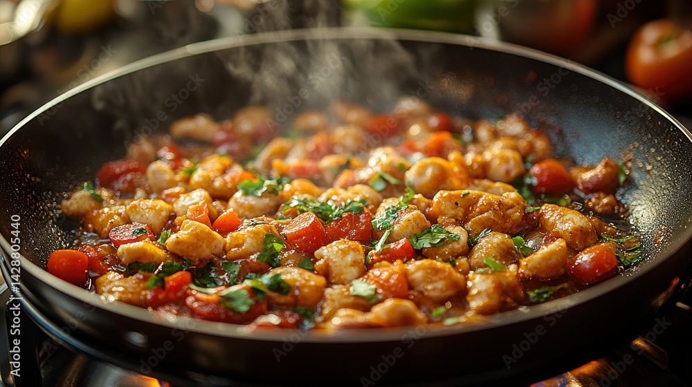 Fototapeta premium Steaming Chicken and Tomato Stir-Fry in Kitchen Pan