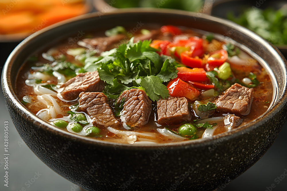 Beef Pho styled on dark grey background with clean plating and props