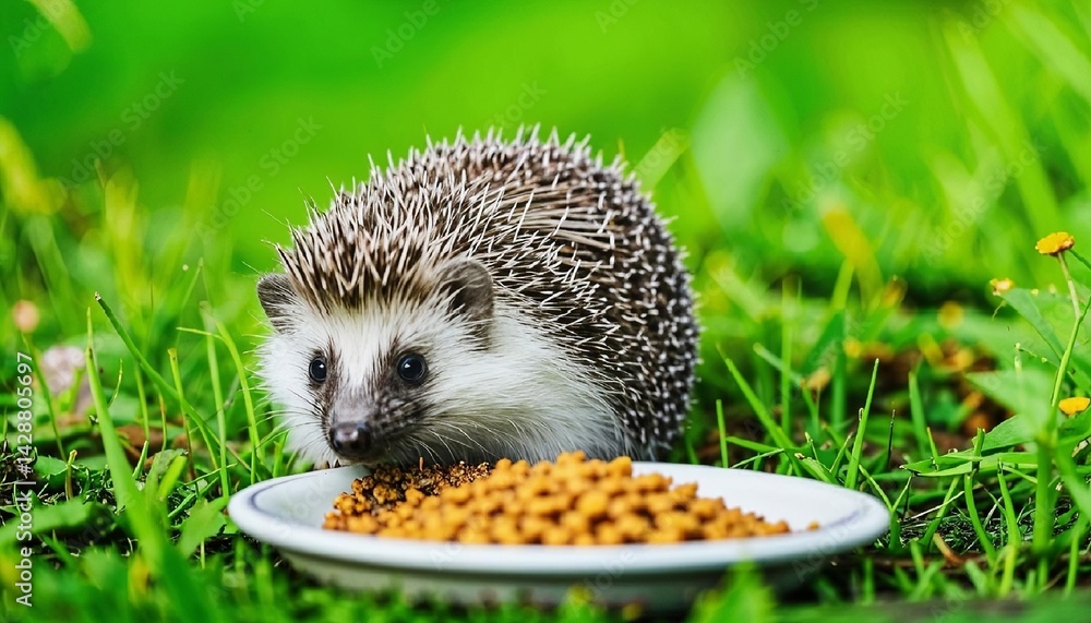 A hedgehog enjoys a meal from a plate filled with dry pet food in lush green grass. AI generated.