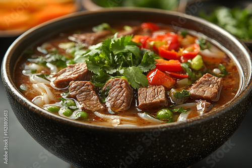 Obraz na płótnie Beef Pho styled on dark grey background with clean plating and props w salonie