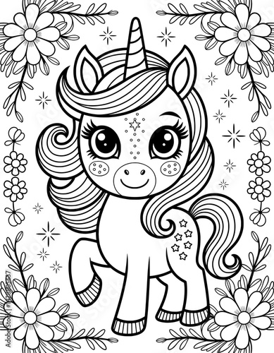This charming black and white coloring page features a whimsical unicorn with large eyes and a star-studded mane and tail