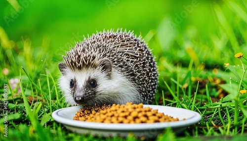 Obraz na płótnie A hedgehog enjoys a meal from a plate filled with dry pet food in lush green grass. AI generated.
w salonie
