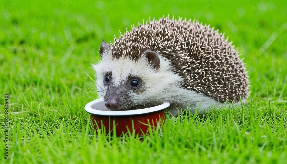 A hedgehog enjoys a meal from a plate filled with dry pet food in lush green grass. AI generated.