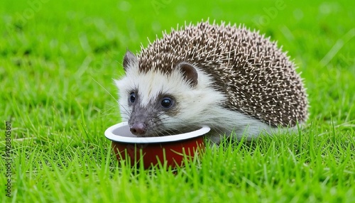 Obraz na płótnie A hedgehog enjoys a meal from a plate filled with dry pet food in lush green grass. AI generated.
w salonie