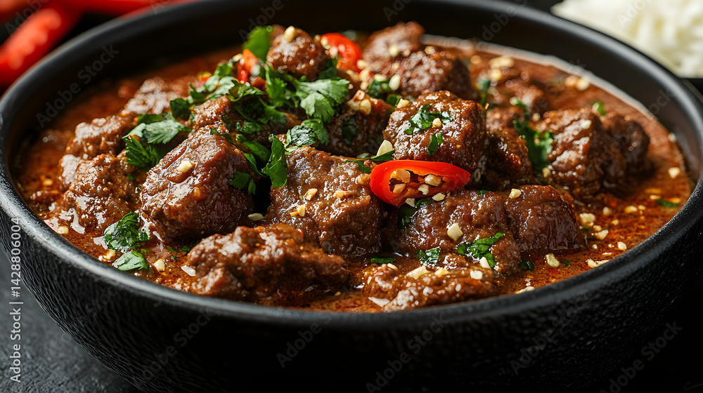 Beef Rendang presented on a black textured surface with elegant side garnishing