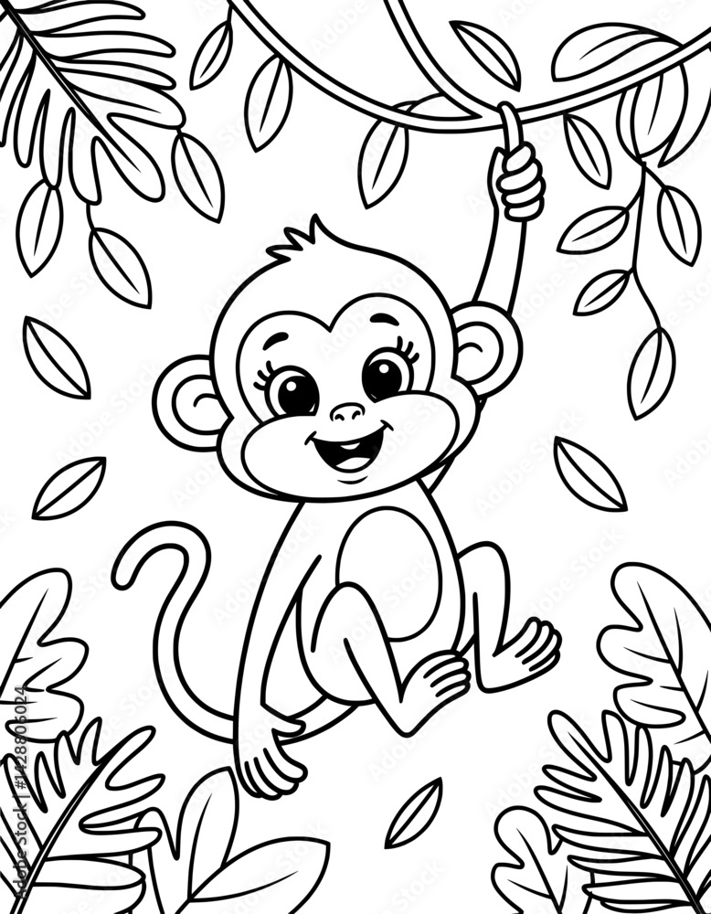 Fototapeta premium A cheerful cartoon monkey, hanging from a vine, surrounded by lush jungle foliage