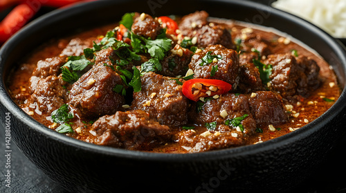 Obraz na płótnie Beef Rendang presented on a black textured surface with elegant side garnishing w salonie