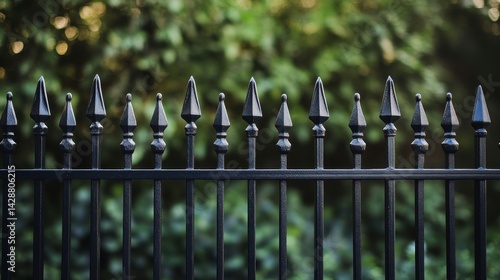 Black metal fence with spear-shaped finials against a blurred green background.