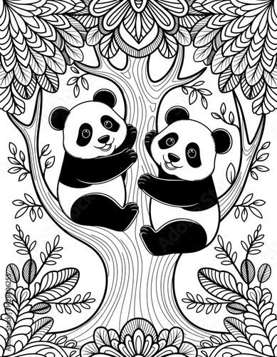 Two cute panda bears are nestled in an ornate tree, surrounded by detailed, decorative foliage and flowers
