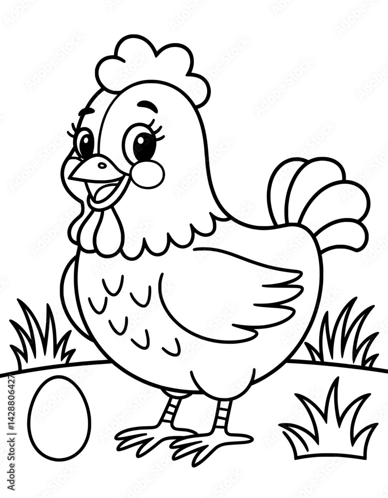 A cheerful, cartoon chicken with large eyes and a happy expression stands next to a simple egg, ready for coloring A cheerful, cartoon chicken with large eyes and a happy expression stands next to a simple egg, ready for coloring