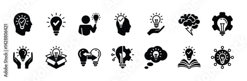 Creative idea icon vector set. Containing light bulb, creativity, innovation, thinking, cognition, inspiration, brainstorm, intelligence, invention, solution, imagination, mind, smart, sharing