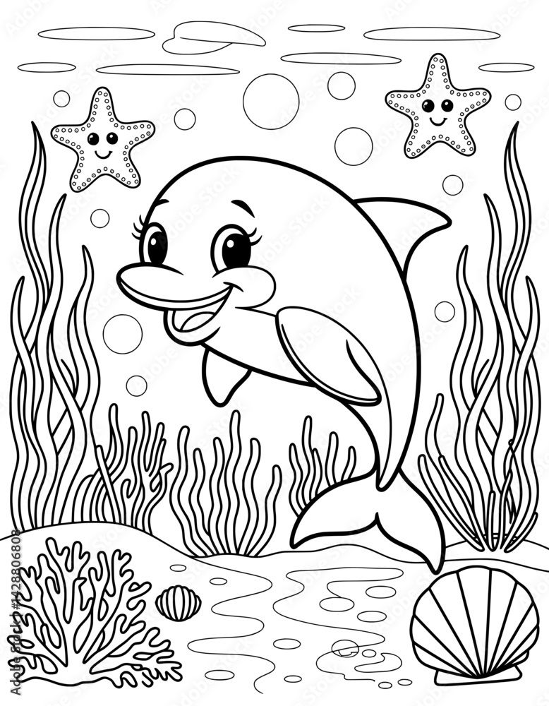 Fototapeta premium This black and white coloring page features a friendly cartoon dolphin swimming amidst vibrant underwater plants, a starfish, and seashells