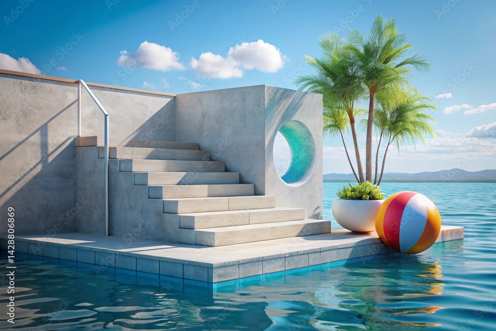 Naklejka premium 3d scene design for summer product display. Concrete stair podium with swimming ring and beach ball beside water. 