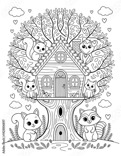 Adorable squirrels and raccoons are perched around a charming treehouse