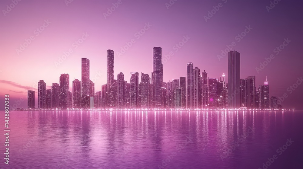 Obraz premium Urban skyline at twilight, bathed in a vibrant magenta hue.
