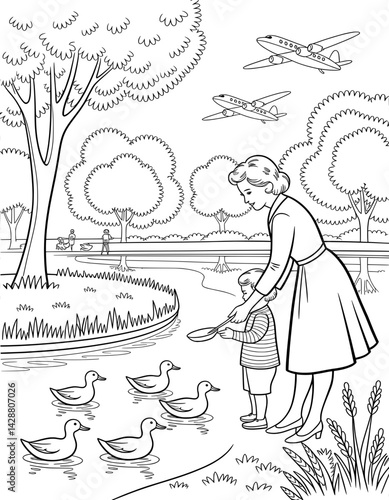 A heartwarming black and white illustration of a mother and child feeding ducks in a park