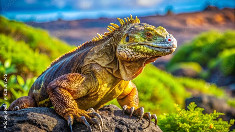 Naklejka premium A Majestic Reptile Basking in the Golden Sunlight on a Volcanic Rock, Showing its Vibrant Scales and Powerful Claws, with a Lush Green Landscape Blurred in the Background