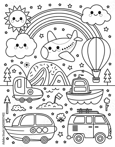 This black and white coloring page features whimsical, kawaii-style illustrations of an airplane, hot air balloon, vehicles (car, camper van, boat), mountains, clouds, and a rainbow