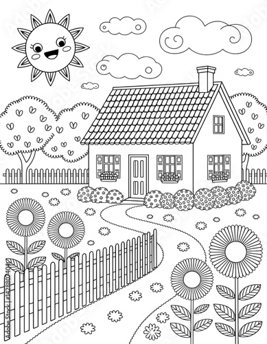A charming, black and white coloring page featuring a cozy house with a garden