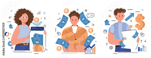 Passive income illustration set. Characters enjoying financial freedom and independence. Successfully and free of debts people planning budget. Vector illustration.