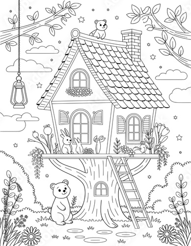 A whimsical coloring page featuring a charming treehouse nestled among the branches of a large tree