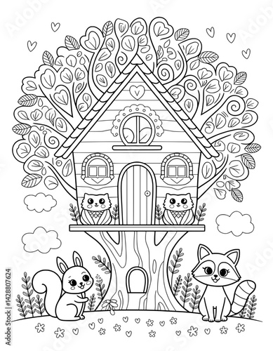 Cute, whimsical coloring page featuring a charming treehouse nestled in a lush tree