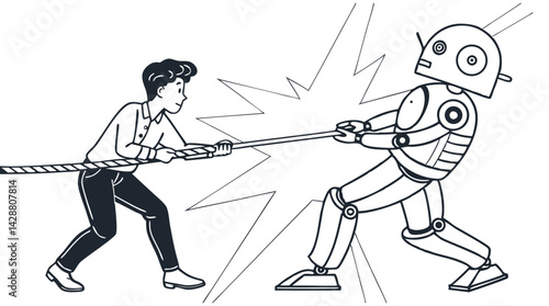 human and robot holding swords in a dynamic sports or fashion-inspired pose, illustrated in a cartoon sketch style, with silhouettes and playful energy