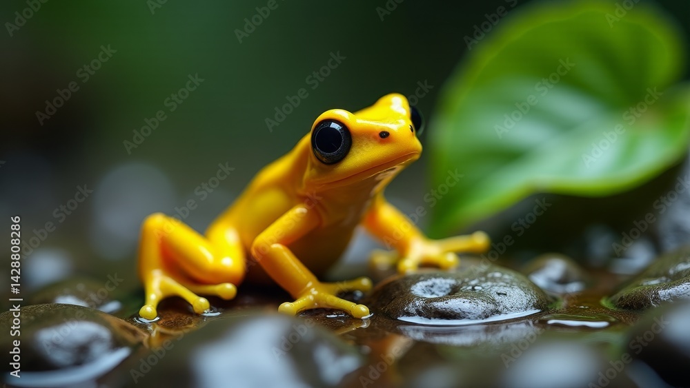 Naklejka premium Golden Poison Frog On Wet Stone