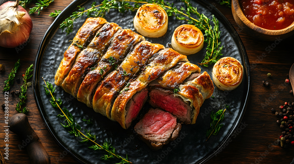 Beef Wellington served on dark grey textured plate with fresh garnish top view