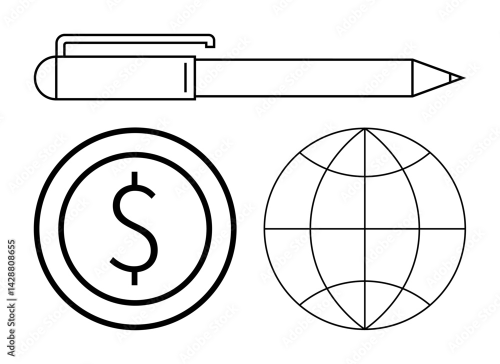 Outline of a pen, coin with dollar sign, and grid-patterned globe. Ideal for business, finance, writing, economy, education, globalization and simple landing page Outline of a pen, coin with dollar sign, and grid-patterned globe. Ideal for business, finance, writing, economy, education, globalization and simple landing page
