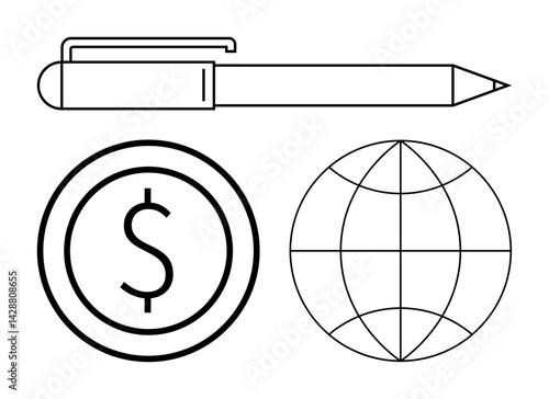 Outline of a pen, coin with dollar sign, and grid-patterned globe. Ideal for business, finance, writing, economy, education, globalization and simple landing page