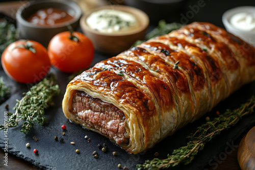 Obraz na płótnie Beef Wellington styled on rustic black stone table with side ingredients w salonie