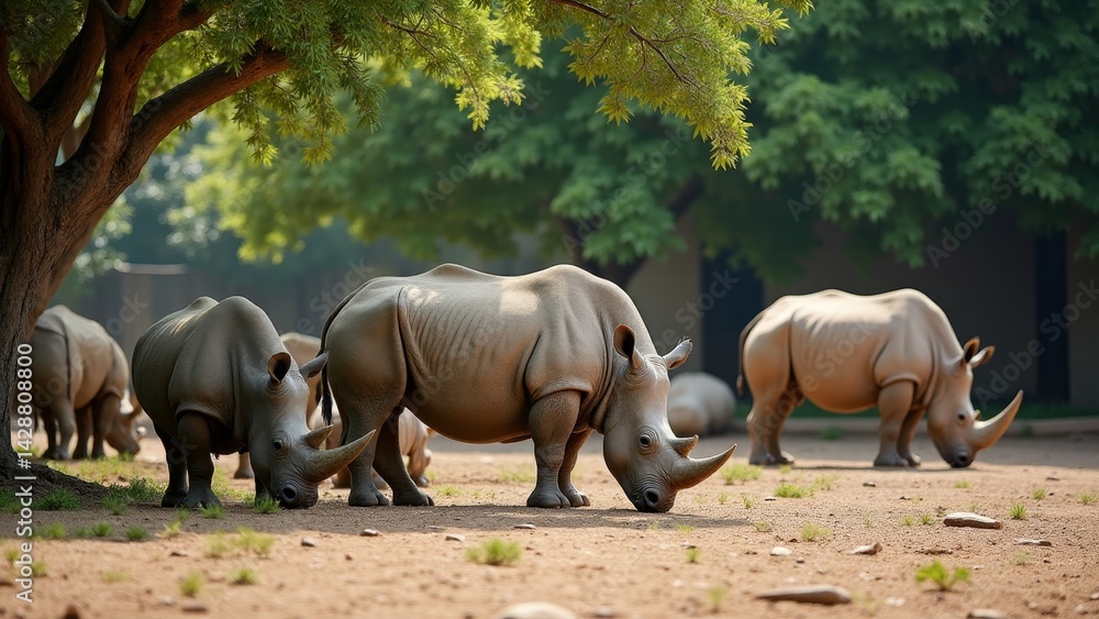 Fototapeta premium Group Of Rhinos Grazing Under Shade