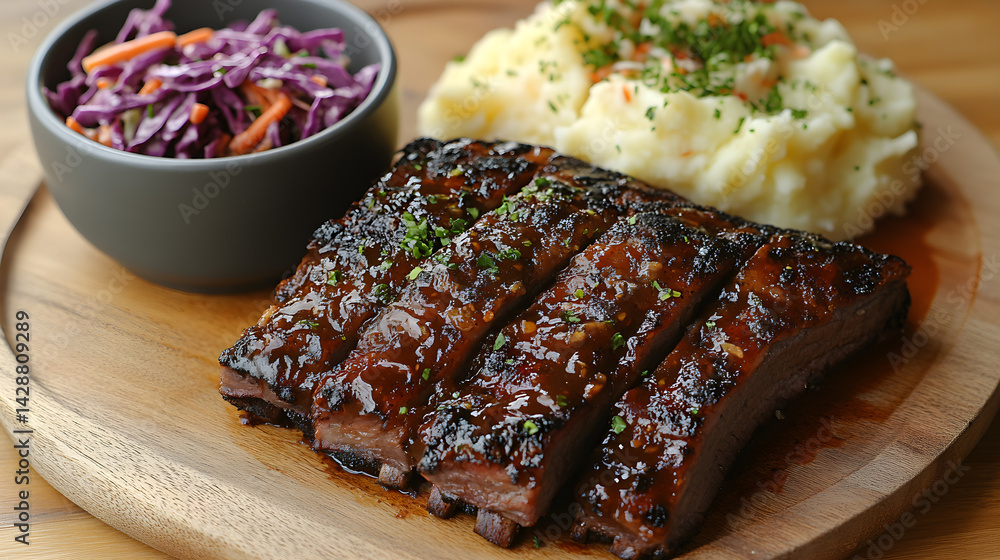 Beef brisket with smoky barbecue sauce served with mashed potatoes and coleslaw