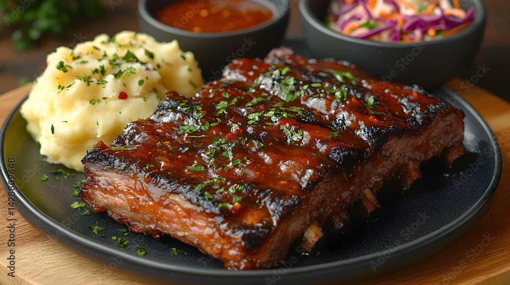 Beef brisket with smoky barbecue sauce served with mashed potatoes and coleslaw