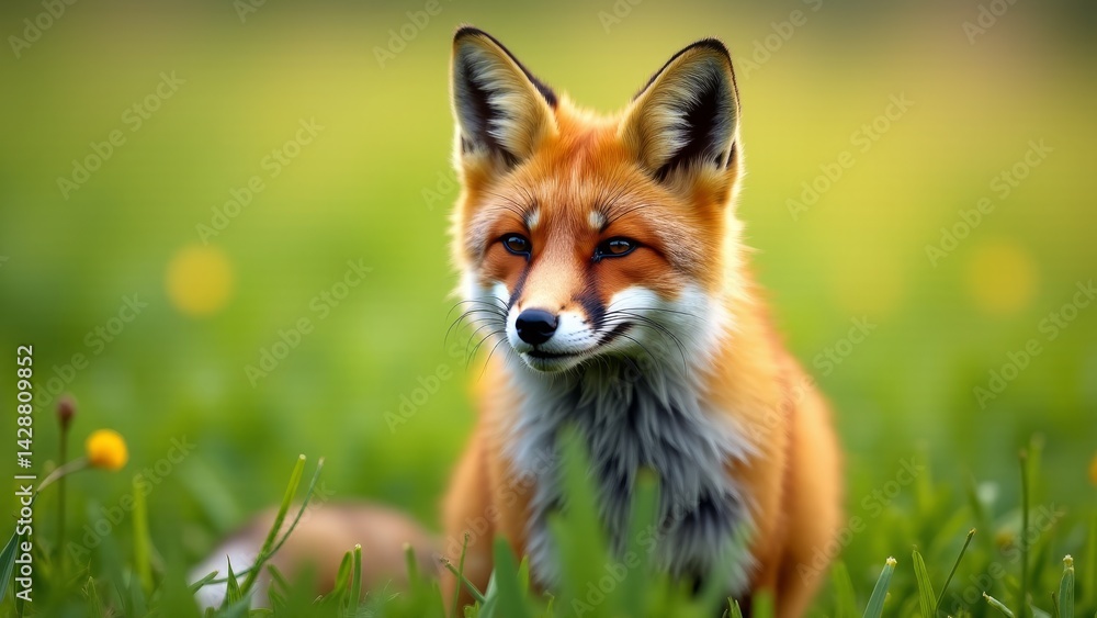 Obraz premium Red Fox Portrait In Green Meadow