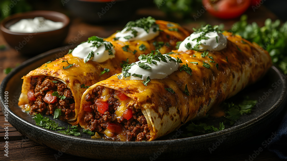 Beef burritos filled with seasoned ground beef, cheese, and sour cream