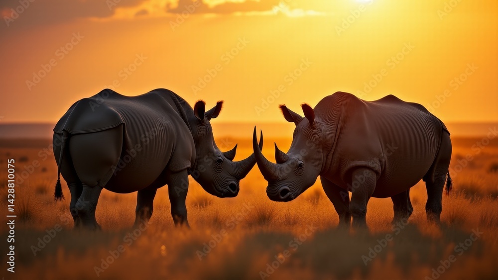 Obraz premium Two Rhinos Face Each Other Sunset
