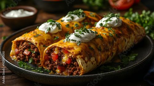 Obraz na płótnie Beef burritos filled with seasoned ground beef, cheese, and sour cream w salonie