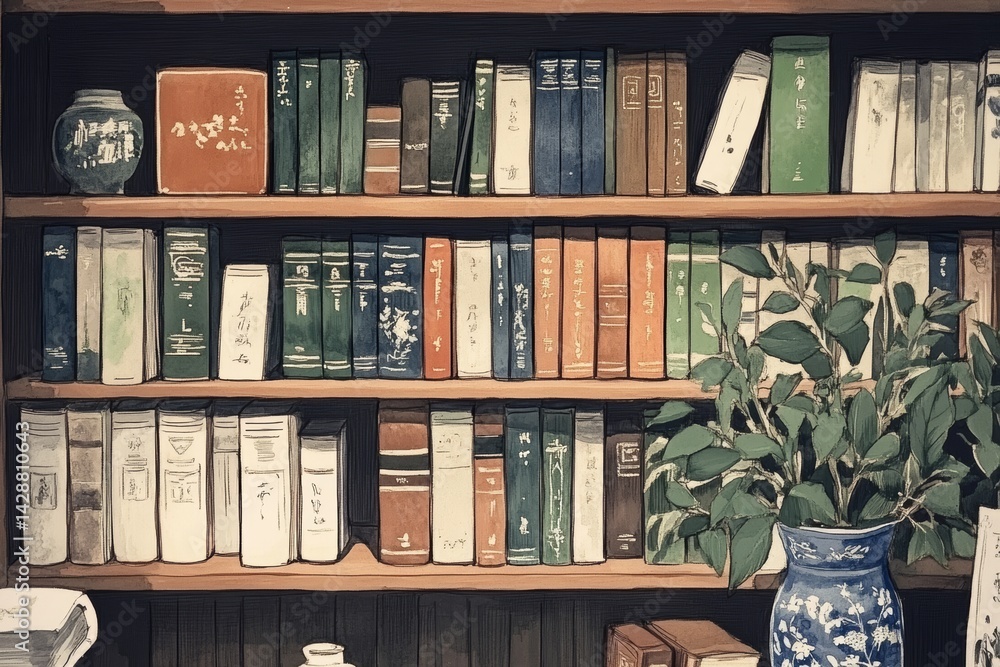 Vintage book library with rich wooden shelves filled with old books.