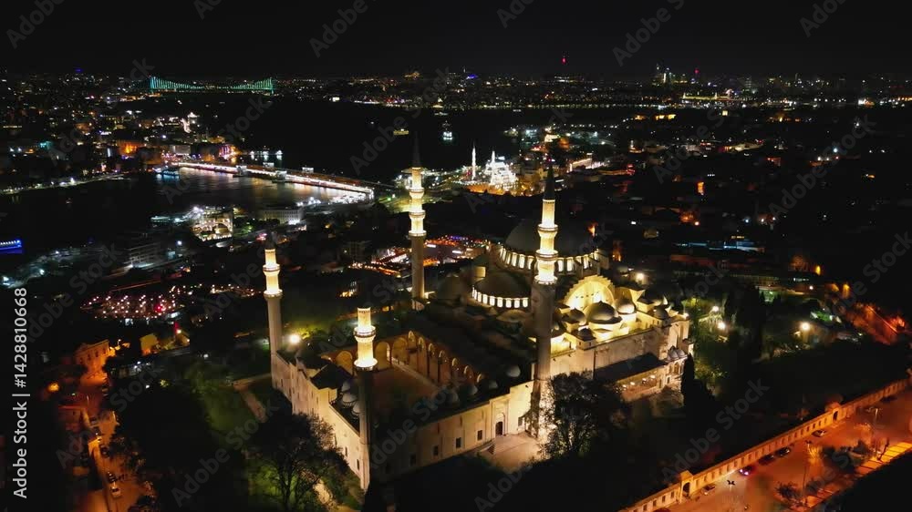 Drone flight over Suleymaniye Mosque and Istanbul's Golden Horn view Drone flight over Suleymaniye Mosque and Istanbul's Golden Horn view
