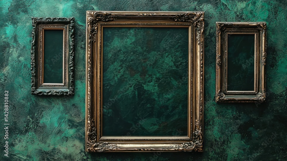 Three Ornate Gold Picture Frames in Various Sizes Displayed Elegantly Against a Rich Textured Dark Teal Wall for Timeless Home Decor Inspiration Three Ornate Gold Picture Frames in Various Sizes Displayed Elegantly Against a Rich Textured Dark Teal Wall for Timeless Home Decor Inspiration