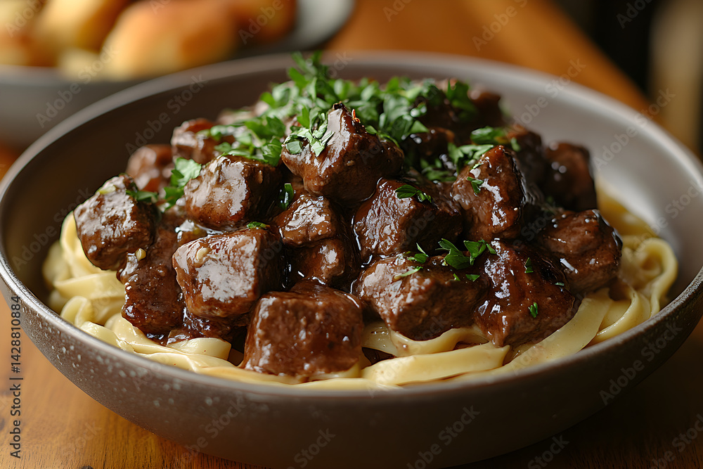 Beef stroganoff plated with a rich brown sauce and a garnish of parsley