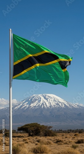 Tanzania Flag Mount Kilimanjaro Peak Landscape Background