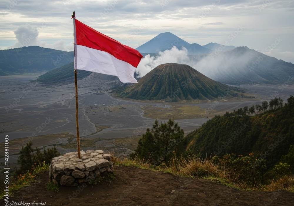 Fototapeta premium Indonesia Flag Mount Bromo Volcano Landscape Background