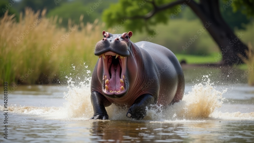 Fototapeta premium Hippo Charging Out Of The Water
