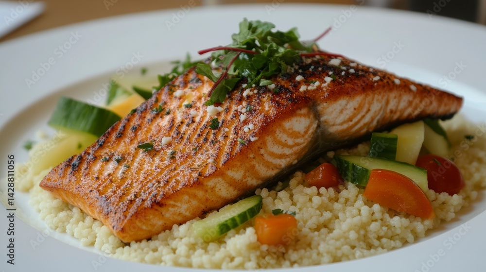 Grilled salmon fillet served on a bed of couscous with a side of fresh vegetables. Grilled salmon fillet served on a bed of couscous with a side of fresh vegetables.